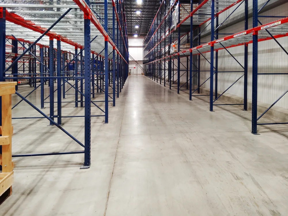 A racked aisle in the controlled room temperature storage hall at the Louisville facility