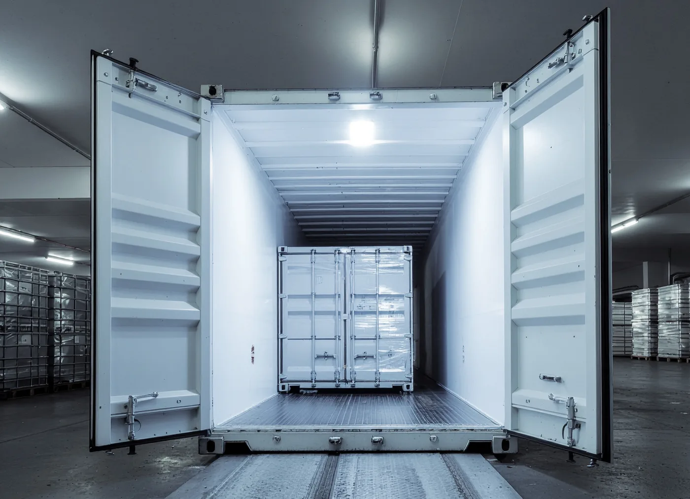 A shipping container with both doors open at an indoor dock, lit inside, with a shrink-wrapped pallet load positioned at the far end
