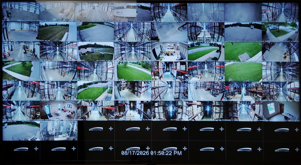 The monitoring station screen at the Louisville facility, showing camera feeds covering the storage halls, dock, and grounds