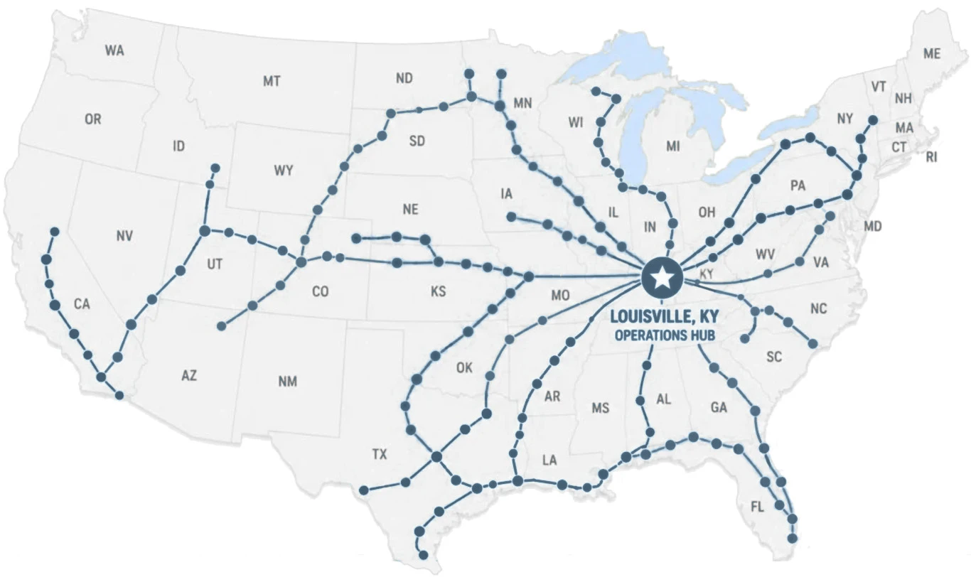 Bio Pharma Logistics U.S. route network — 12 weekly routes and approximately 80–90 pickup and delivery locations, hubbed in Louisville, KY